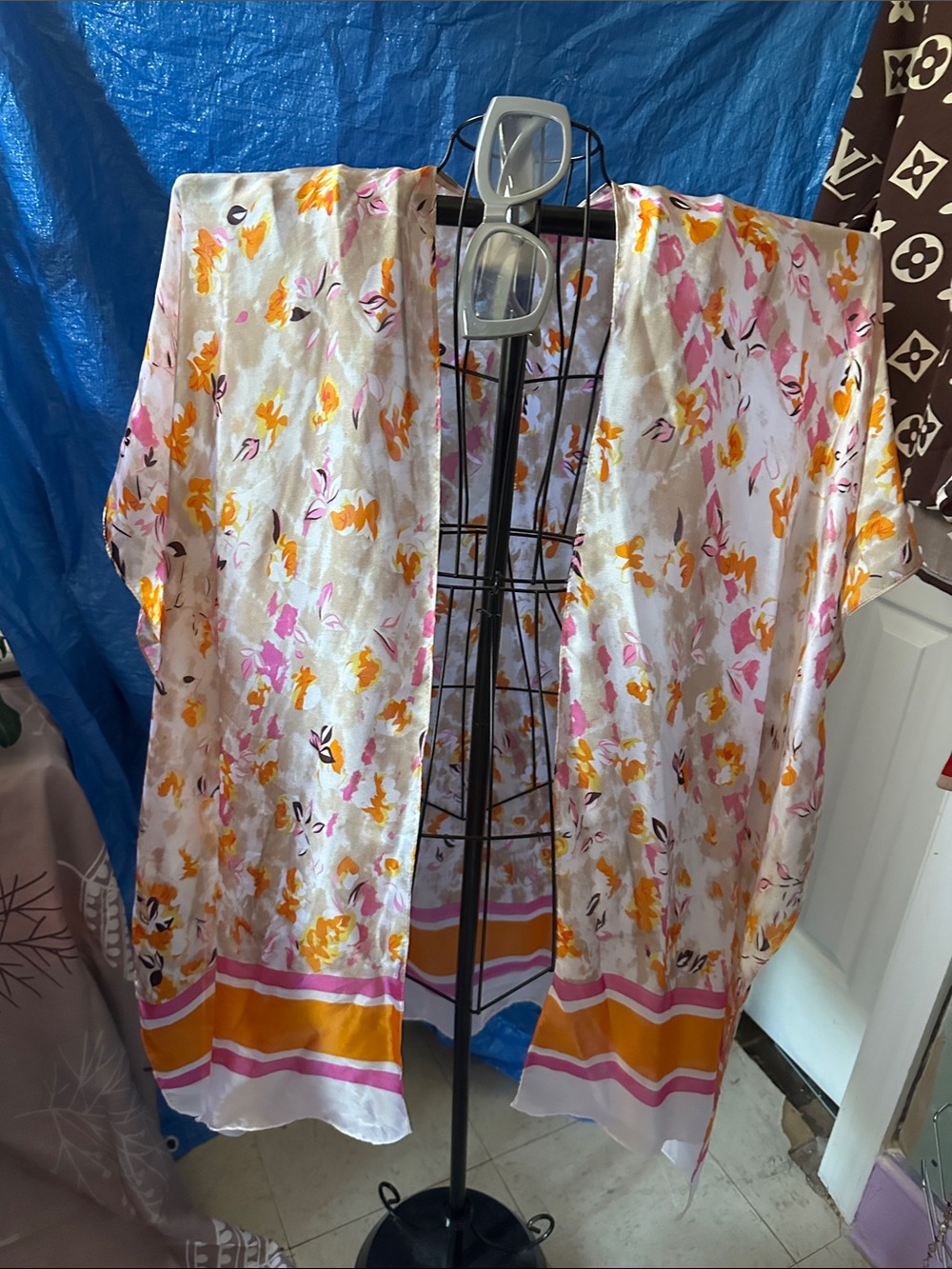 Silky Floral Kimono Jacket in Cream, Pink & Yellow